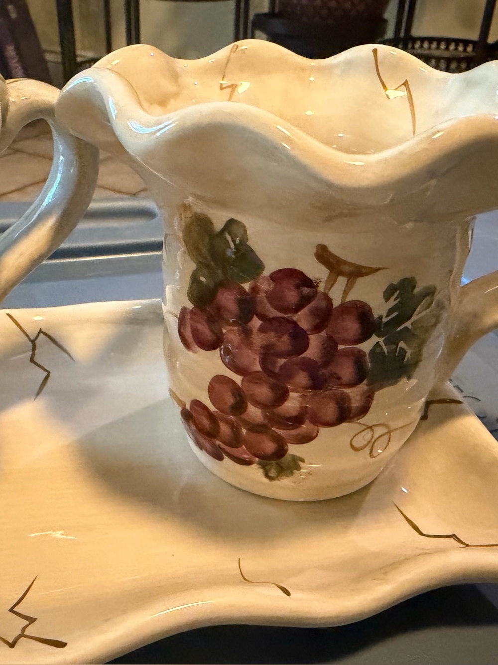 & Other Stories Cream Ceramic Pitcher with Purple Grape Motif